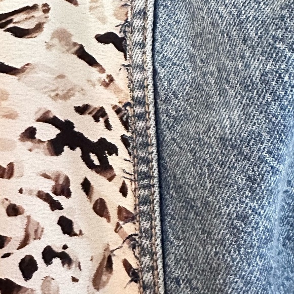 Up cycle denim jacket distressed petite old navy XS animal print leopard jean - Picture 7 of 11